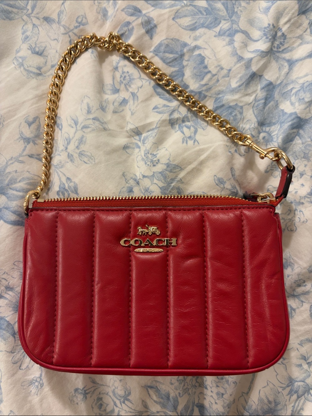 Coach Red Quilted Leather Wristlet Clutch with Gold Chain